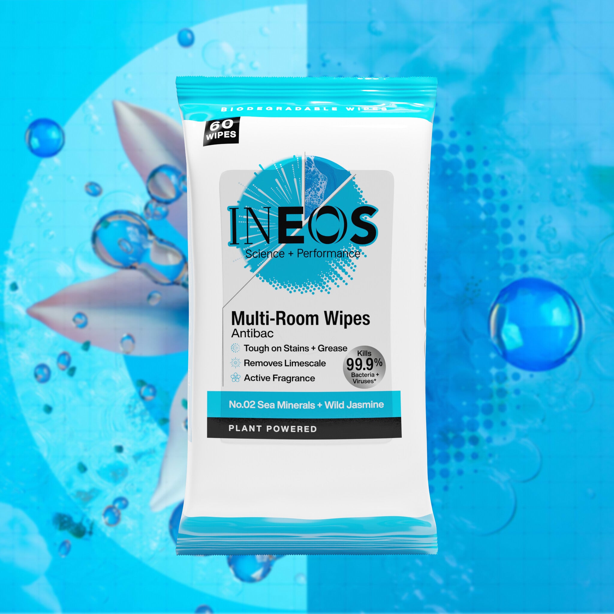 INEOS Multi-Room Wipes packaging on a blue background with water droplets
